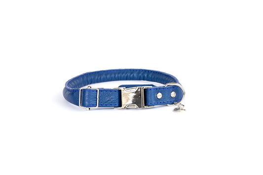 Rolled Style Blue Leather Quick-Release Dog Collar