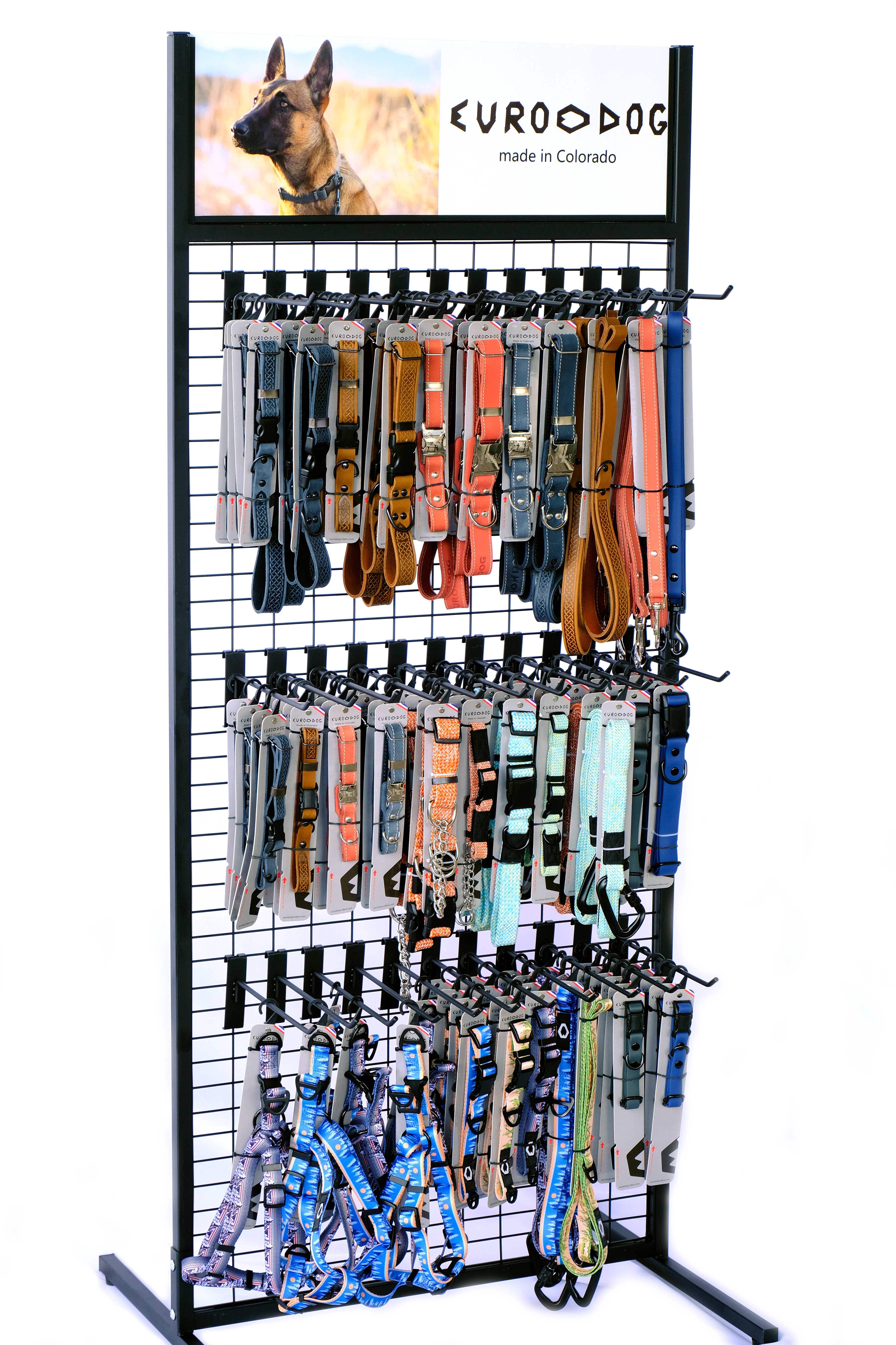 Euro-Dog collars and leads on display in a pet retailer